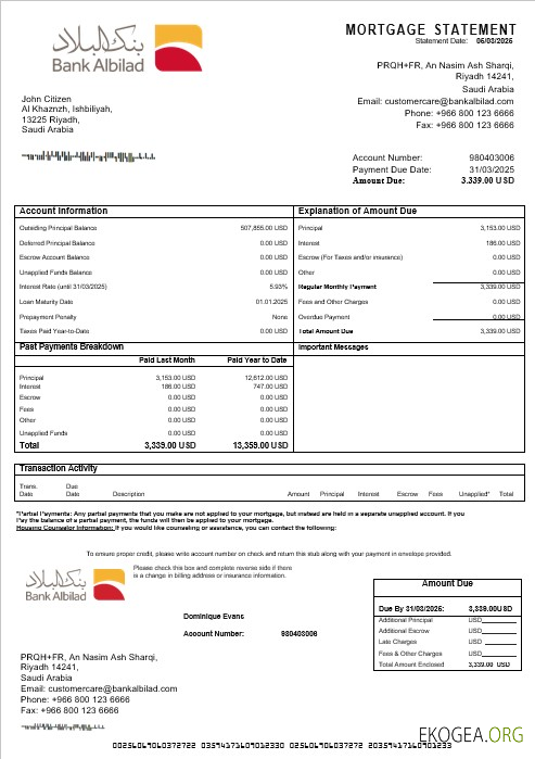 Relevé hypothécaire de la Saudi Arabia Bank Albilad aux formats Word et PDF